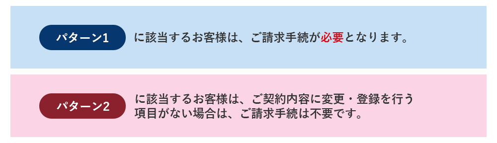 パターン1に該当するお客様は、ご請求手続が必要となります。パターン2に該当するお客様は、ご契約内容に変更・登録を行う項目がない場合は、ご請求手続は不要です。