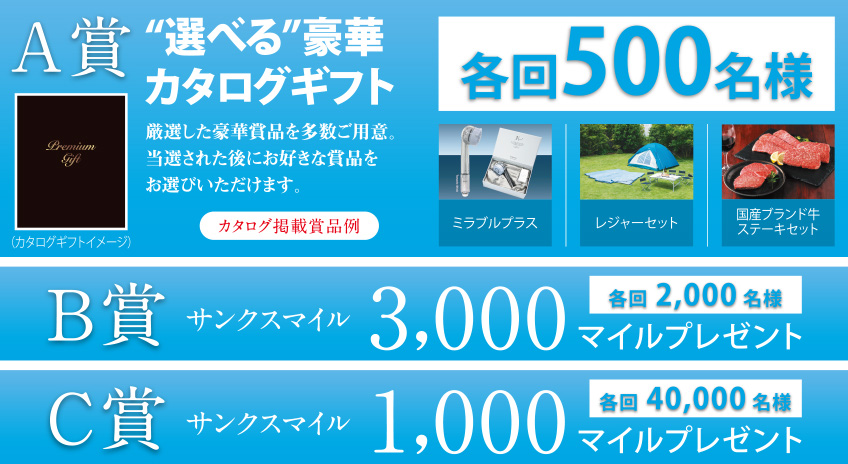 A賞 選べる豪華カタログギフト 厳選した豪華賞品を多数ご用意。当選された後にお好きな賞品をお選びいただけます。 カタログ掲載商品例 ミラプルプラス レジャーセット 国産ブランド牛ステーキセット 各回500名様 B賞 サンクスマイル3,000マイルプレゼント 各回2,000名様 C賞 サンクスマイル1,000マイルプレゼント 各回40,000名様