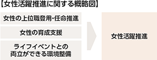 【女性活躍推進に関する概略図】女性の上位職登用・任命推進、女性の育成支援、両立できる環境整備→ 女性活躍推進