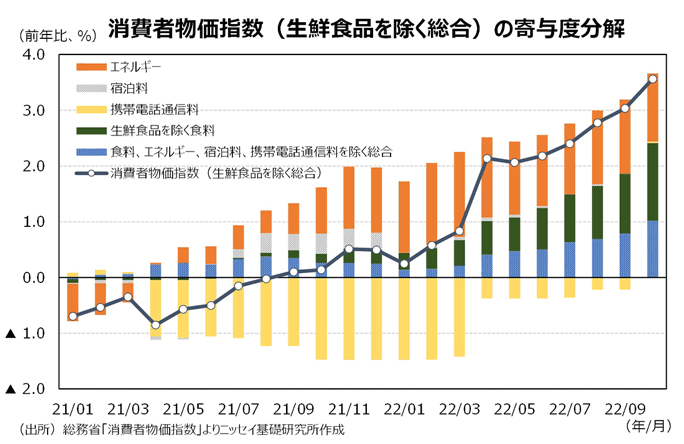 消費者物価指数（生鮮食品を除く総合）の寄与度分解