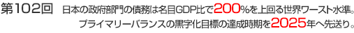 第102回　日本の政府部門の債務は名目GDP比で200％を上回る世界ワースト水準。プライマリーバランスの黒字化目標の達成時期を2025年へ先送り。