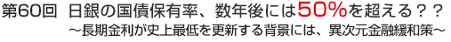 第60回　日銀の国債保有率、数年後には50%を超える？？～長期金利が史上最低を更新する背景には、異次元金融緩和策～