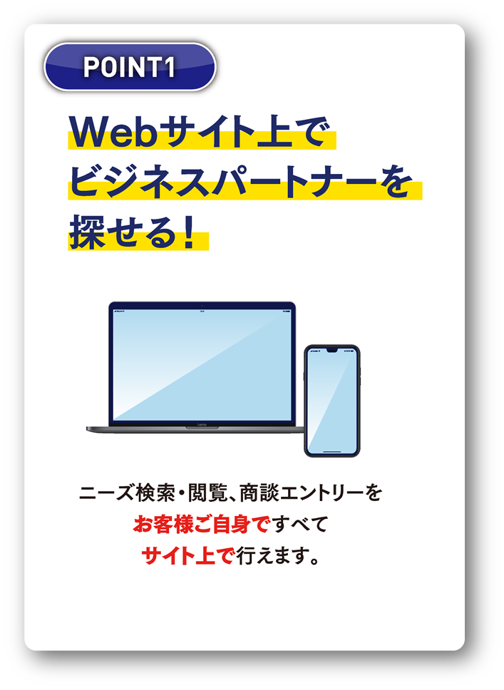 Webサイト上でビジネスパートナーを探せる！ニーズ検索・閲覧、商談エントリーをお客様ご自身ですべてサイト上で行えます。