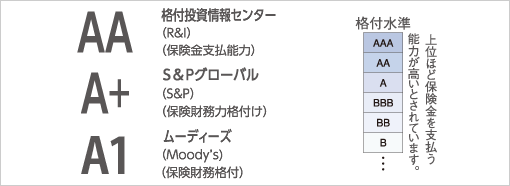 AA：R&I（保険支払能力）　A+：S&P（保険財務力格付け）　A1：(Moody's) (保険財務格付)