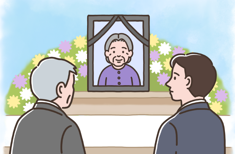 葬儀の場で遺影に向かう人々のイラスト