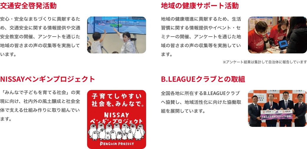交通安全啓発活動 地域の健康サポート活動 NISSAYペンギンプロジェクト B.LEAGUEクラブとの取組
