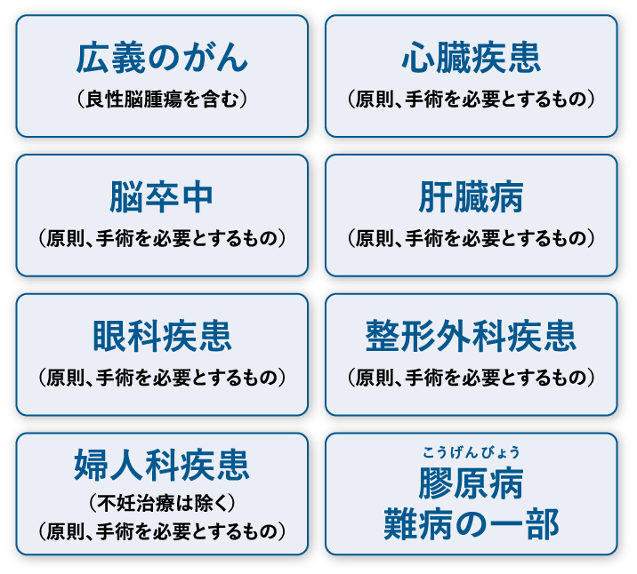 広義のがん(良性脳腫瘍を含む)心臓疾患(原則、手術を必要とするもの)脳卒中(原則、手術を必要とするもの)肝臓病(原則、手術を必要とするもの)眼科疾患(原則、手術を必要とするもの)整形外科疾患(原則、手術を必要とするもの)婦人科疾患(不妊治療は除く)(原則、手術を必要とするもの)こうげんびょう膠原病難病の一部