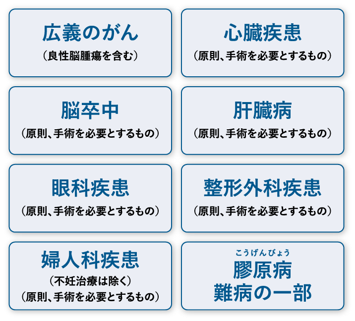 広義のがん(良性脳腫瘍を含む)心臓疾患(原則、手術を必要とするもの)脳卒中(原則、手術を必要とするもの)肝臓病(原則、手術を必要とするもの)眼科疾患(原則、手術を必要とするもの)整形外科疾患(原則、手術を必要とするもの)婦人科疾患(不妊治療は除く)(原則、手術を必要とするもの)こうげんびょう膠原病難病の一部