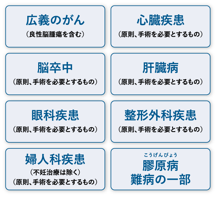 広義のがん（良性脳腫瘍を含む）心臓疾患（原則、手術を必要とするもの）脳卒中（原則、手術を必要とするもの）肝臓病（原則、手術を必要とするもの）眼科疾患（原則、手術を必要とするもの）整形外科疾患（原則、手術を必要とするもの）整形外科疾患（原則、手術を必要とするもの）婦人科疾患（不妊治療は除く）（原則、手術を必要とするもの）こうげんびょう膠原病難病の一部