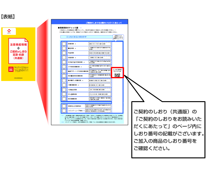 ご契約のしおり（共通版）の「ご契約のしおりをお読みいただくにあたって」のページ内にしおり番号の記載がございます。ご加入の商品のしおり番号をご確認ください。