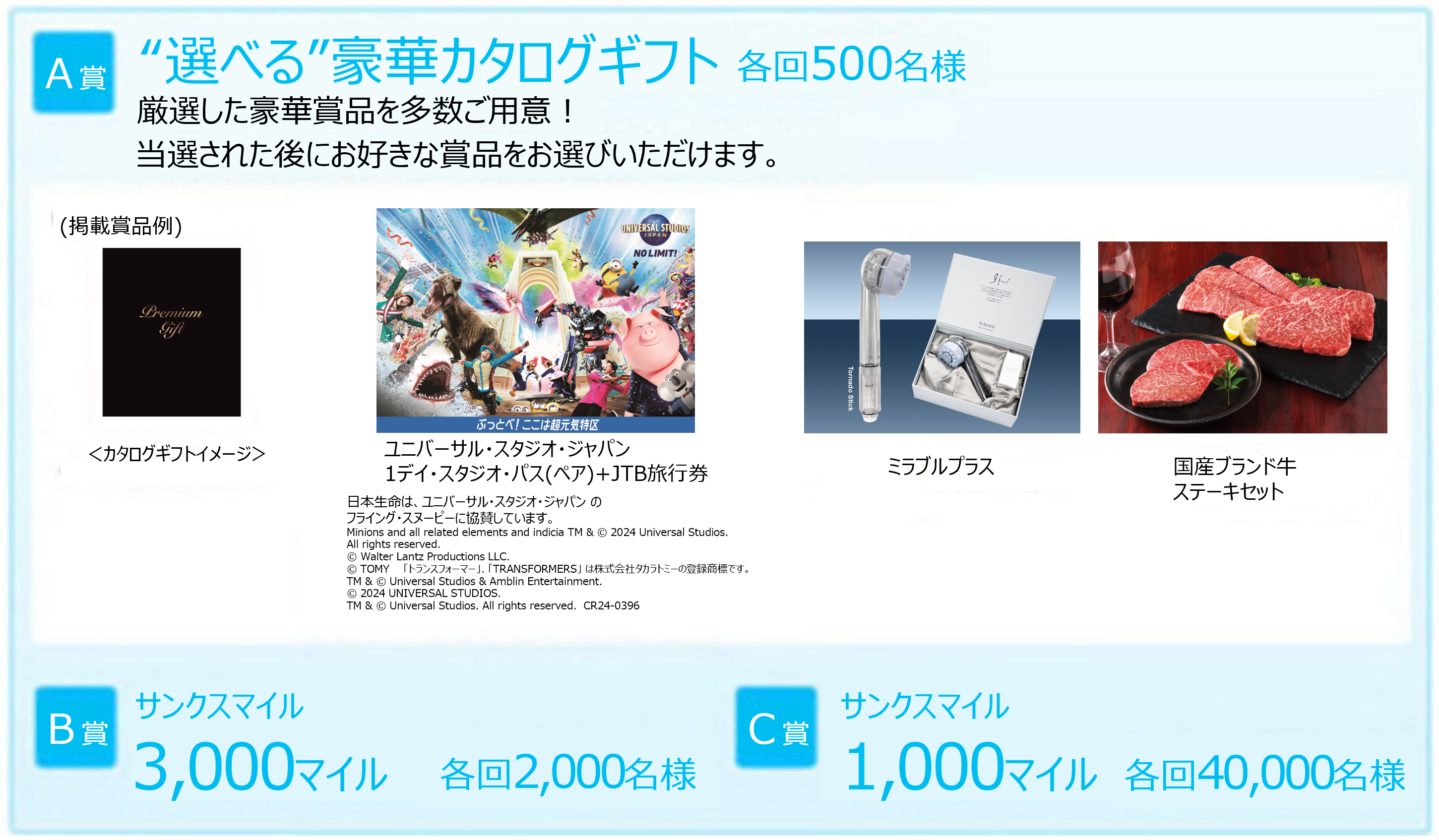 A賞：“選べる”豪華カタログギフト 各回500名様　B賞：サンクスマイル 3,000マイル 各回2,000名様　C賞：サンクスマイル 1,000マイル 各回40,000名様