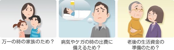 万一の時の家族のため？　病気やケガの時の出費に備えるため？　老後の生活資金の準備のため？