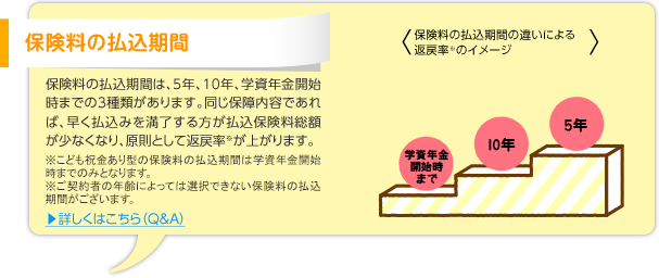 保険料の払込期間 保険料の払込期間は、5年、10年、学資年金開始時までの3種類があります。同じ保障内容であれば、早く払込みを満了する方が払込保険料総額が少なくなり、原則として返戻率※が上がります。 ※こども祝金あり型の保険料の払込期間は学資年金開始時までのみとなります。 ※ご契約者の年齢によっては選択できない保険料の払込期間がございます。 保険料の払込期間の違いによる 返戻率※のイメージ