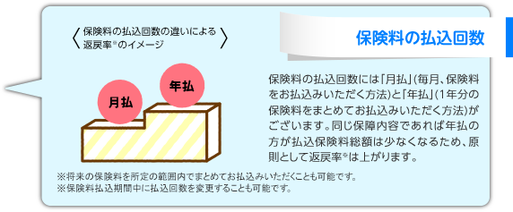 保険料の払込回数 保険料の払込回数には「月払」(毎月、保険料をお払込みいただく方法)と「年払」(1年分の保険料をまとめてお払込みいただく方法)がございます。同じ保障内容であれば年払の方が払込保険料総額は少なくなるため、原則として返戻率※は上がります。※将来の保険料を所定の範囲内でまとめてお払込みいただくことも可能です。※保険料払込期間中に払込回数を変更することも可能です。 保険料の払込回数の違いによる返戻率※のイメージ