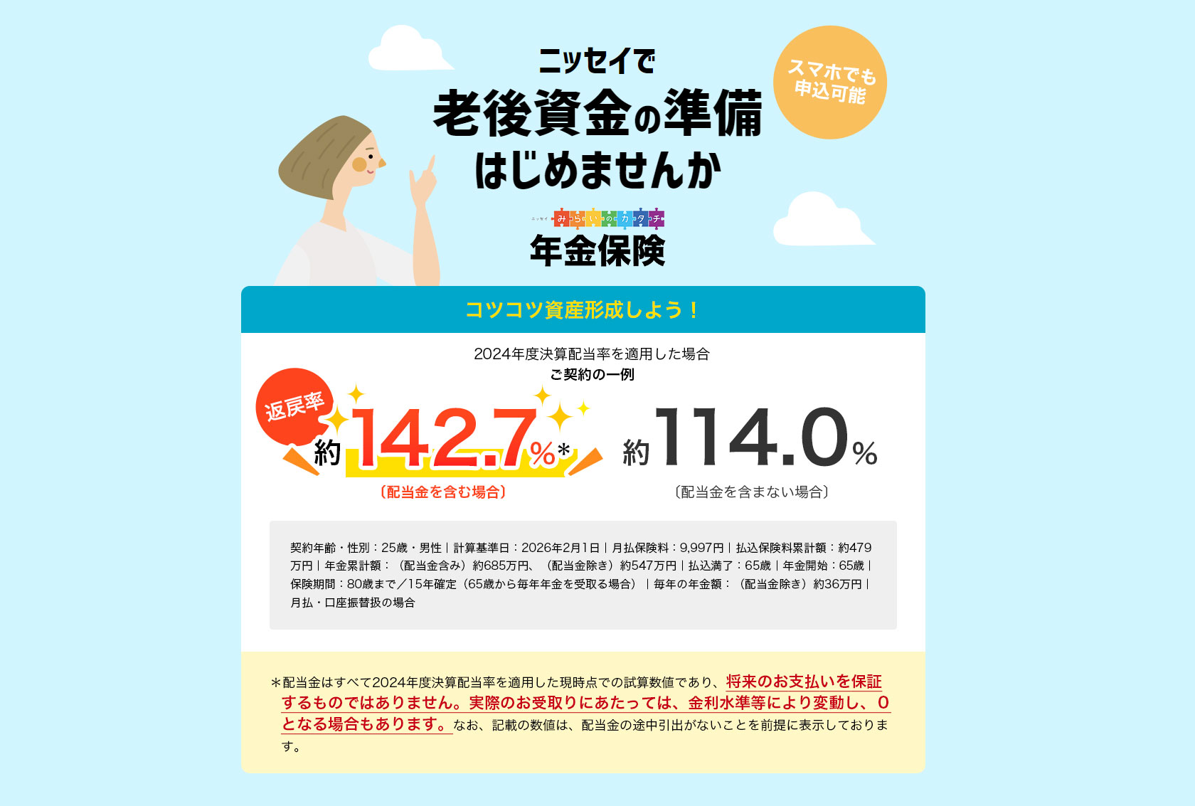ニッセイで老後資金の準備はじめませんか ニッセイみらいのカタチ 年金保険 スマホでも申込可能 コツコツ資産形成しよう！ 2024年度決算配当率を適用した場合 ご契約の一例 返戻率 約142.7%＊〔配当金を含む場合〕 約114.0%〔配当金を含まない場合〕 契約年齢・性別：25歳・男性｜計算基準日：2026年2月1日｜月払保険料：9,997円｜払込保険料累計額：約479万円｜年金累計額：（配当金含み）約685万円、（配当金除き）約547万円｜払込満了：65歳｜年金開始：65歳｜保険期間：80歳まで／15年確定（65歳から毎年年金を受取る場合）｜毎年の年金額：（配当金除き）約36万円｜月払・口座振替扱の場合 ＊配当金はすべて2024年度決算配当率を適用した現時点での試算数値であり、将来のお支払いを保証するものではありません。実際のお受取りにあたっては、金利水準等により変動し、０となる場合もあります。なお、記載の数値は、配当金の途中引出がないことを前提に表示しております。	