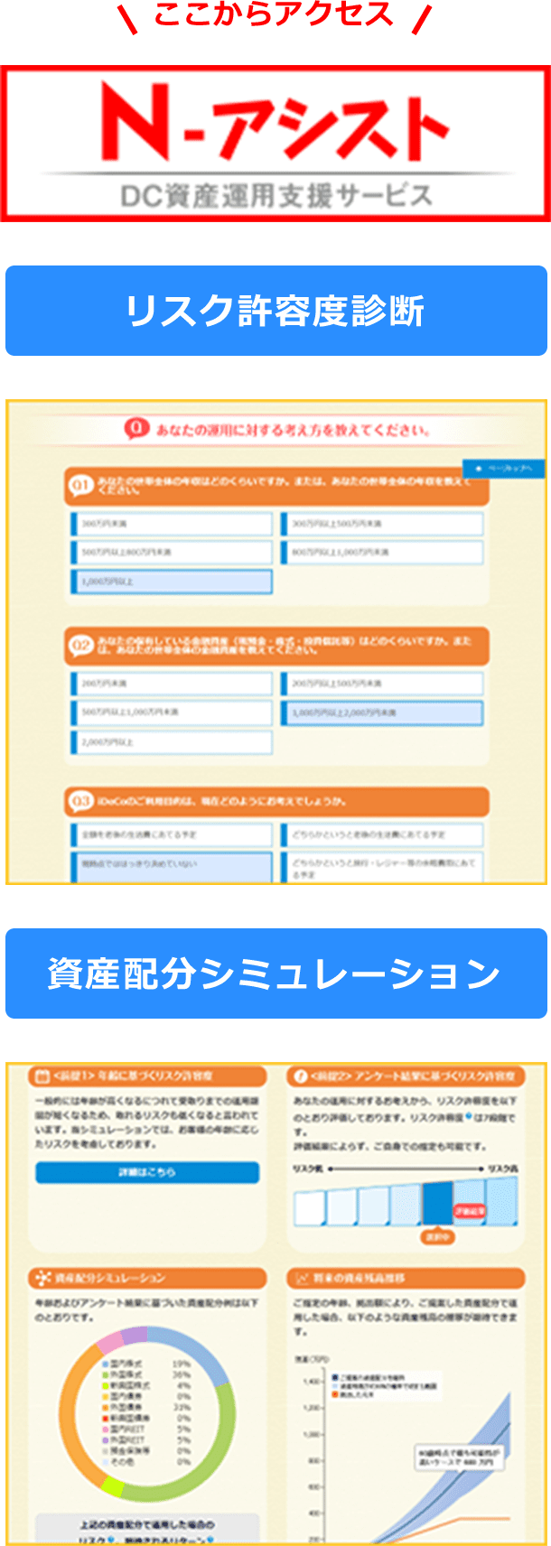 ここからアクセス! 「N-アシスト DC資産運用支援サービス」をクリックすると新規タブでN-アシストのページを開きます スマホなどで利用可能! リスク許容度診断 資産配分シミュレーション * 画面はイメージです。