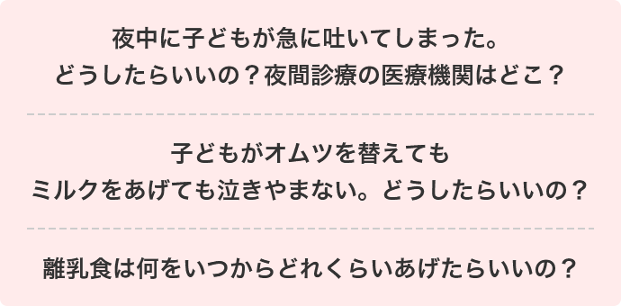 夜中に子どもが急に吐いてしまった。どうしたらいいの? 夜間診療の医療機関はどこ?子どもがオムツを替えてもミルクをあげても泣きやまない。どうしたらいいの? 離乳食は何をいつからどれくらいあげたらいいの?